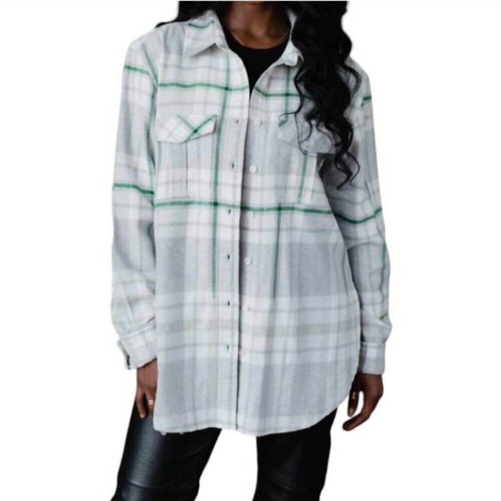 Panache Apparel Grey Plaid Button-Down Shirt Top Oversized Size Small Women's
